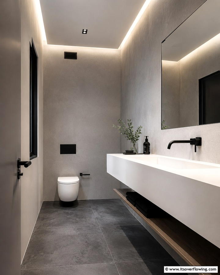 Minimalist Concrete Look Tiles - 30 Powder Room Floor Tile Ideas for Elegant Small Spaces