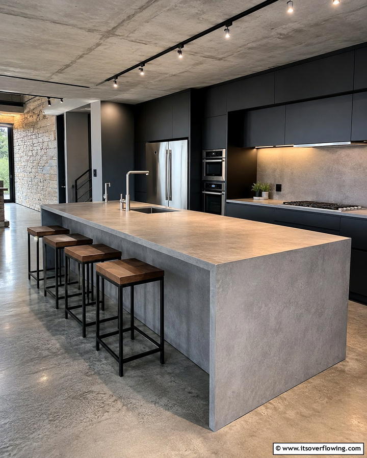 Minimalist Concrete Waterfall Island - 20 Stunning Waterfall Kitchen Island Ideas for a Modern Look