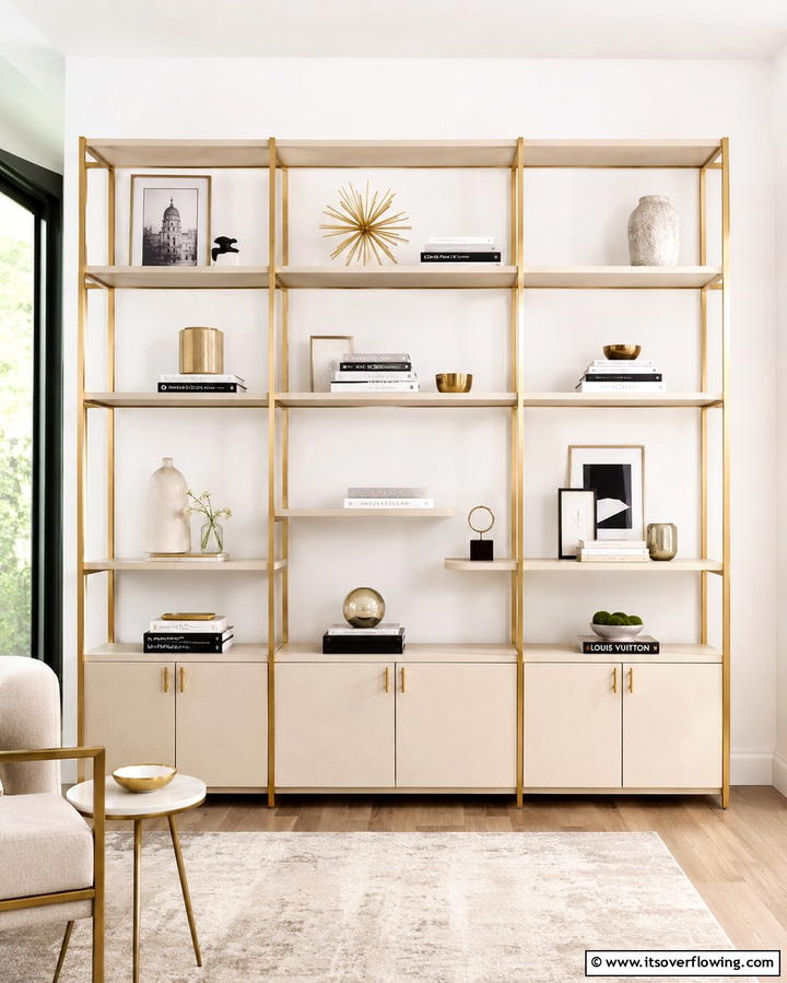 Minimalist Cream and Gold Shelving Units - 30 Elegant Cream & Gold Living Room Themes for Luxe Interiors