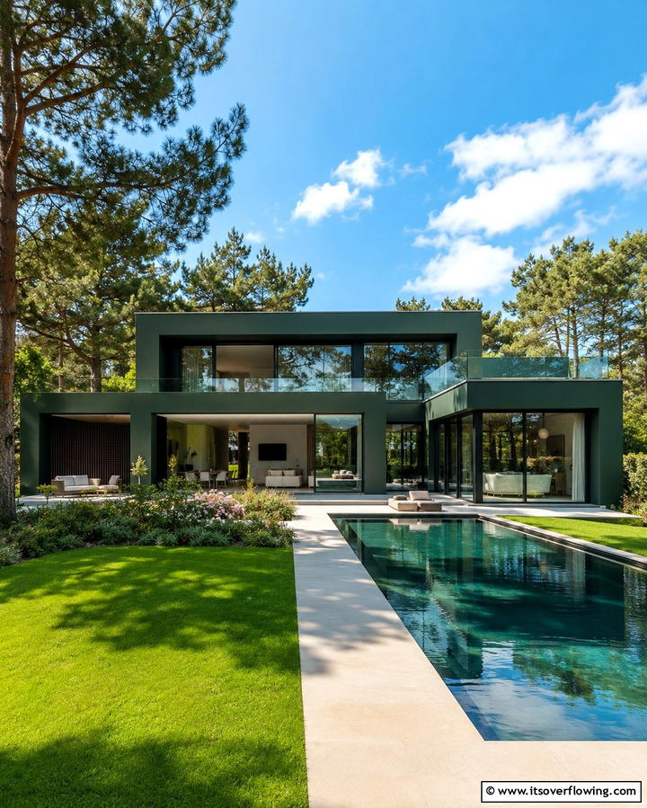 Minimalist Dark Green with Glass Elements - 30 Stunning Dark Green Exterior House Designs for Curb Appeal
