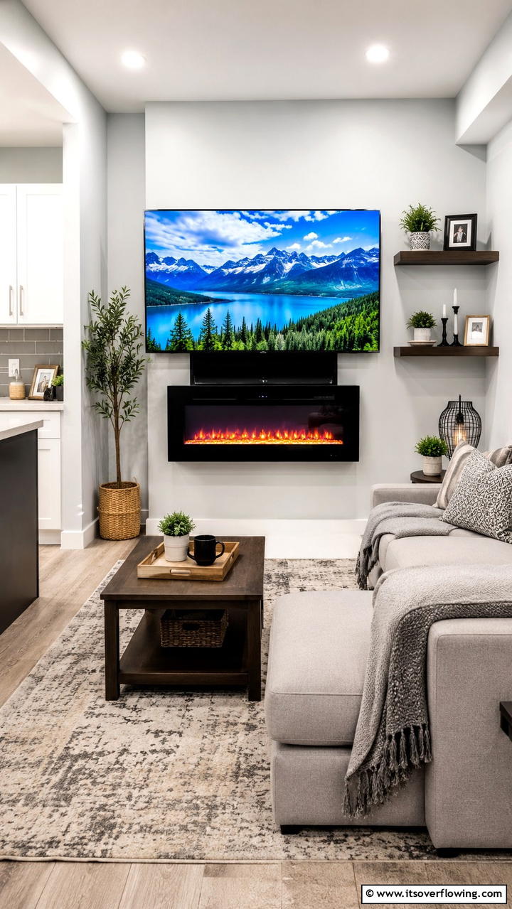 Minimalist Electric Fireplace Design with Elevated TV - 30 Electric Fireplace Ideas With TV Above for Cozy Spaces