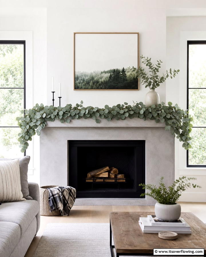 Minimalist Eucalyptus Garland - 25 Mantel Garland Ideas for a Festive Home Decor