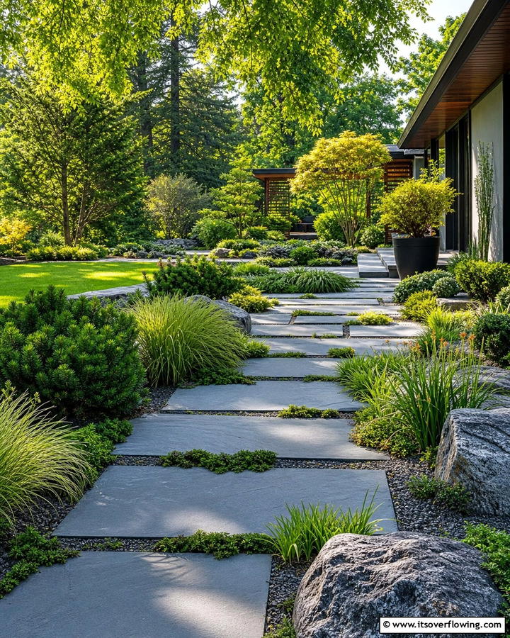 Minimalist Flagstone Walkway with Greenery - 30 Flagstone Walkway Ideas for Charming Pathways