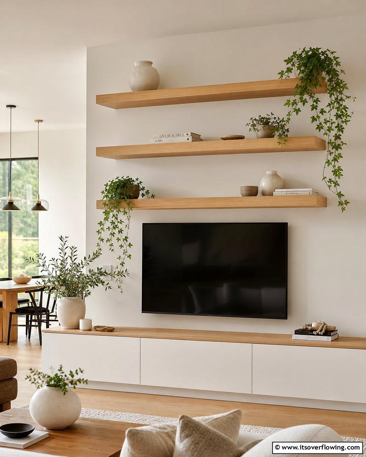 Minimalist Floating Shelves Around the TV - 25 Small Living Room Ideas With TV for Cozy Nights