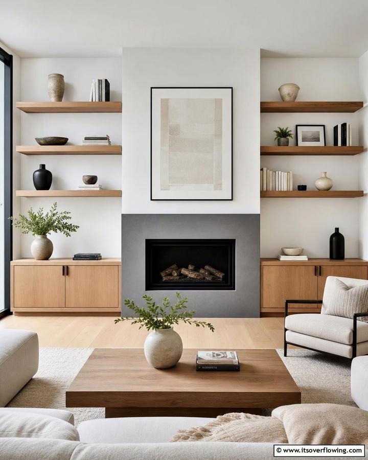 Minimalist Floating Shelves with Clean Lines - 20 Fireplace Floating Shelves Design Ideas for Cozy Homes