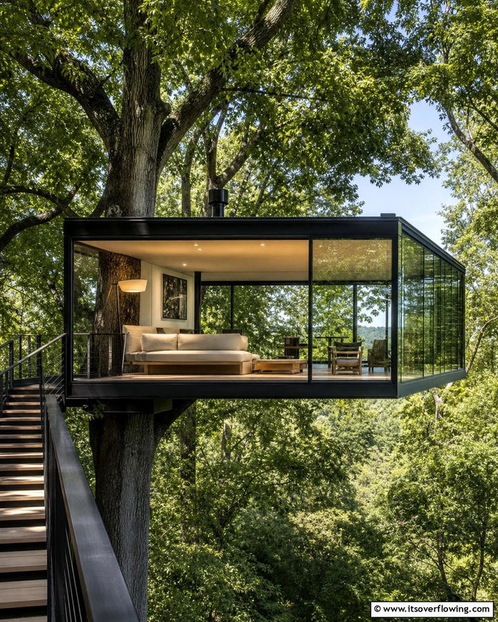 Minimalist Glass Tree House - 25 Tree House Ideas for Magical Outdoor Adventures
