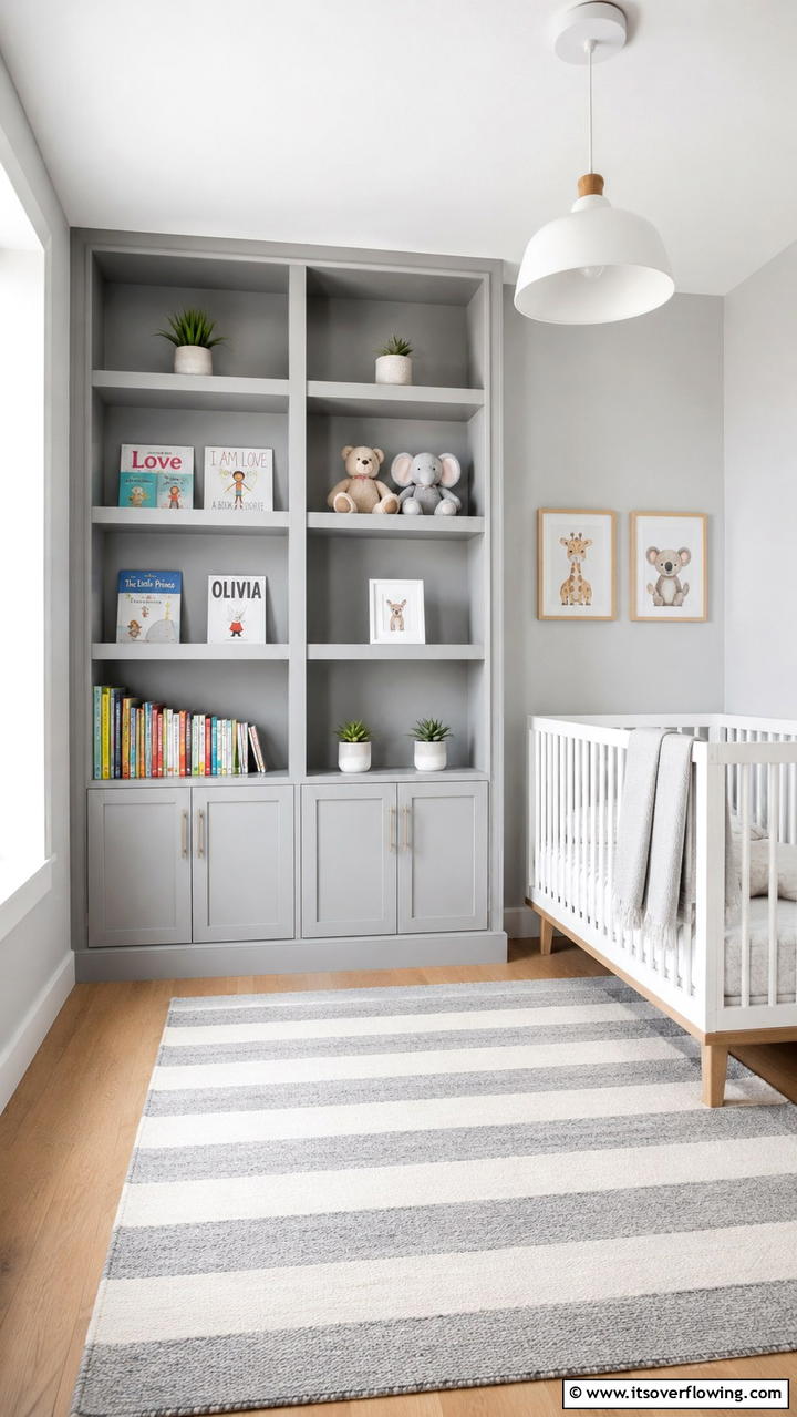 Minimalist Grey Bookshelf Design - 30 Grey Nursery Ideas- Calming & Modern Baby Room Designs