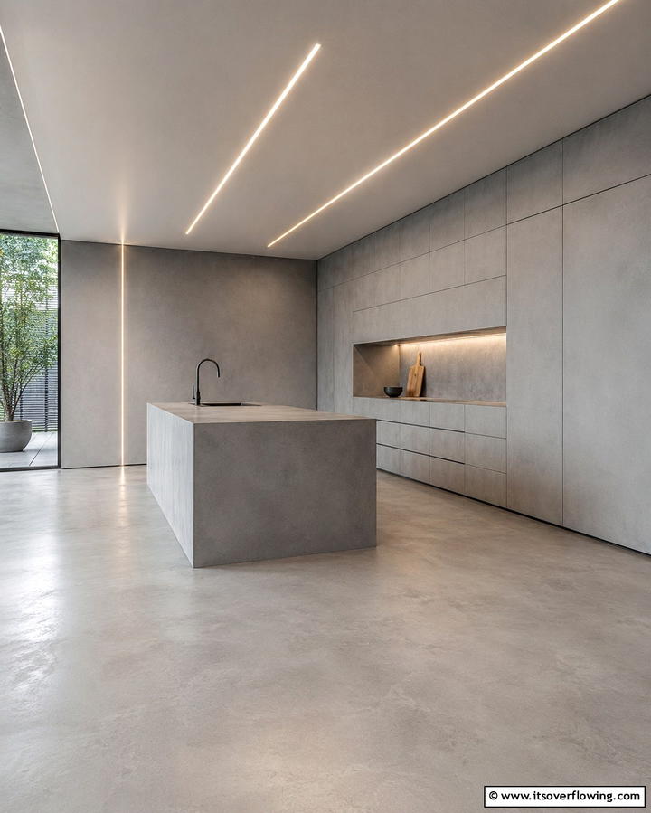 Minimalist Grey Kitchen with Hidden Storage - 30 Kitchens with Grey Floors- Sleek & Modern Flooring Ideas