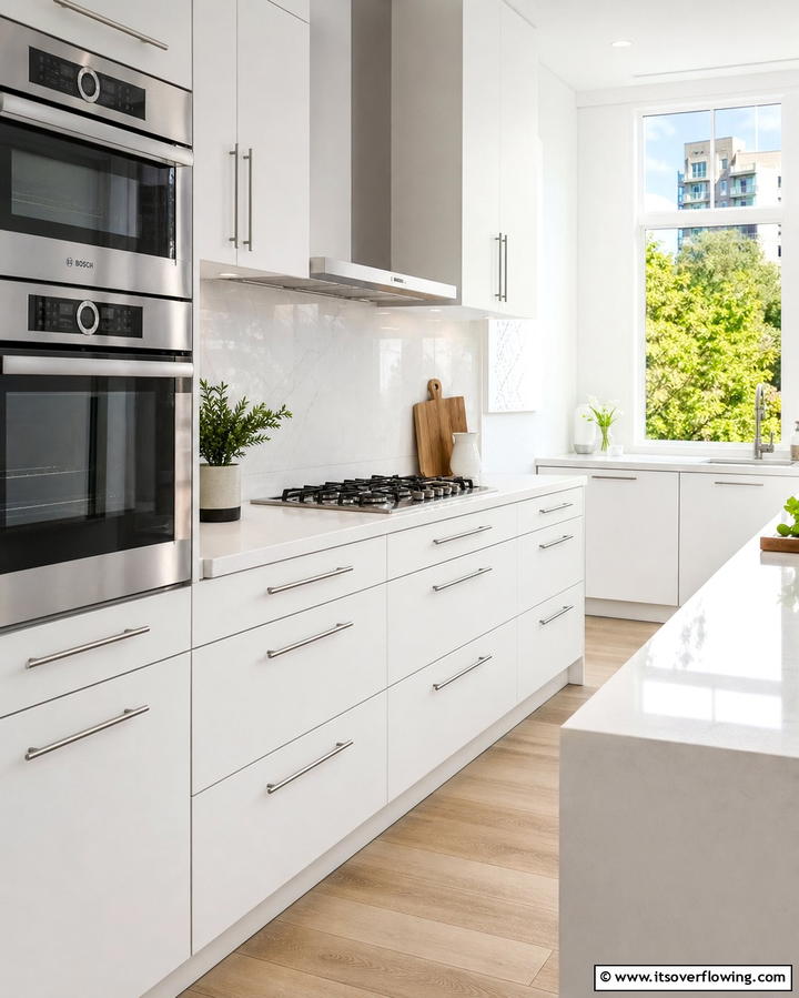 Minimalist Hardware for a Clean Look - 25 White Kitchen with Stainless Steel Appliances Ideas