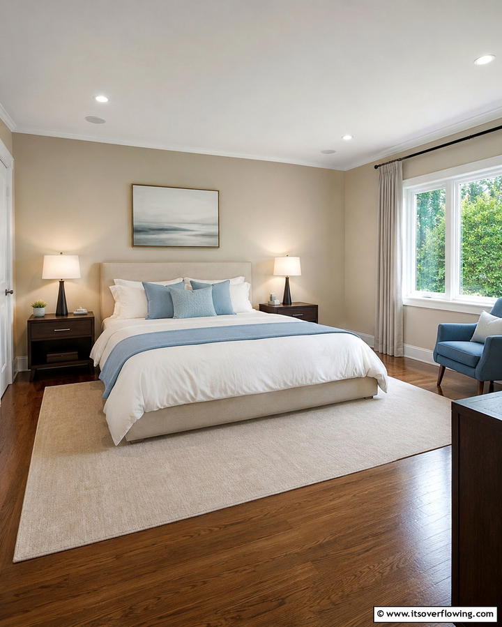 Minimalist Haven with Subtle Contrasts - 25 Blue and Beige Bedroom Ideas for a Calming Space