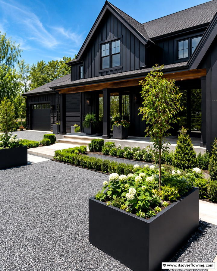 Minimalist Landscaping with Black Planters - 25 Black Modern Farmhouse Exterior Design Ideas