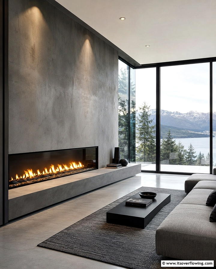 Minimalist Linear Fireplace with Large Windows - 25 Fireplace Between Windows Ideas for Cozy Homes