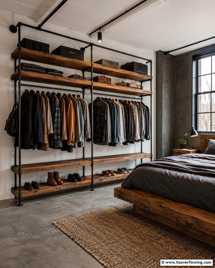 Minimalist Pipe and Wood Open Closet - 25 Open Closet Ideas to Maximize Your Space