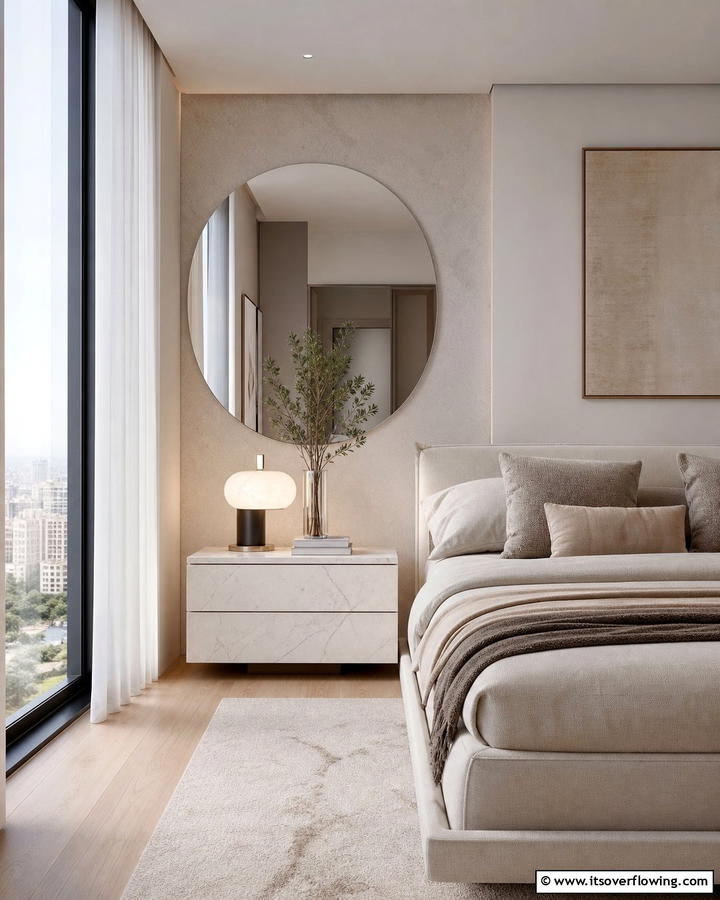 Minimalist Round Mirror for a Clean Look - 20 Mirror Behind Nightstand Design Ideas for Elegance
