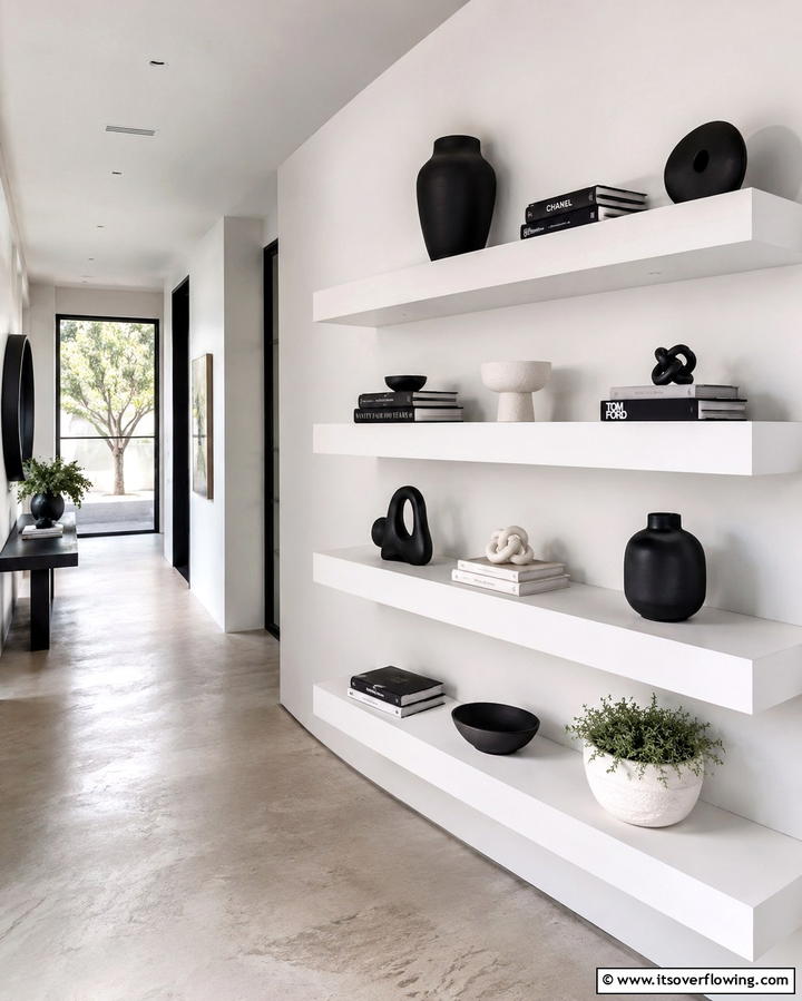 Minimalist Shelving Displays - 30 Chic Black and White Hallway Ideas for Timeless Elegance