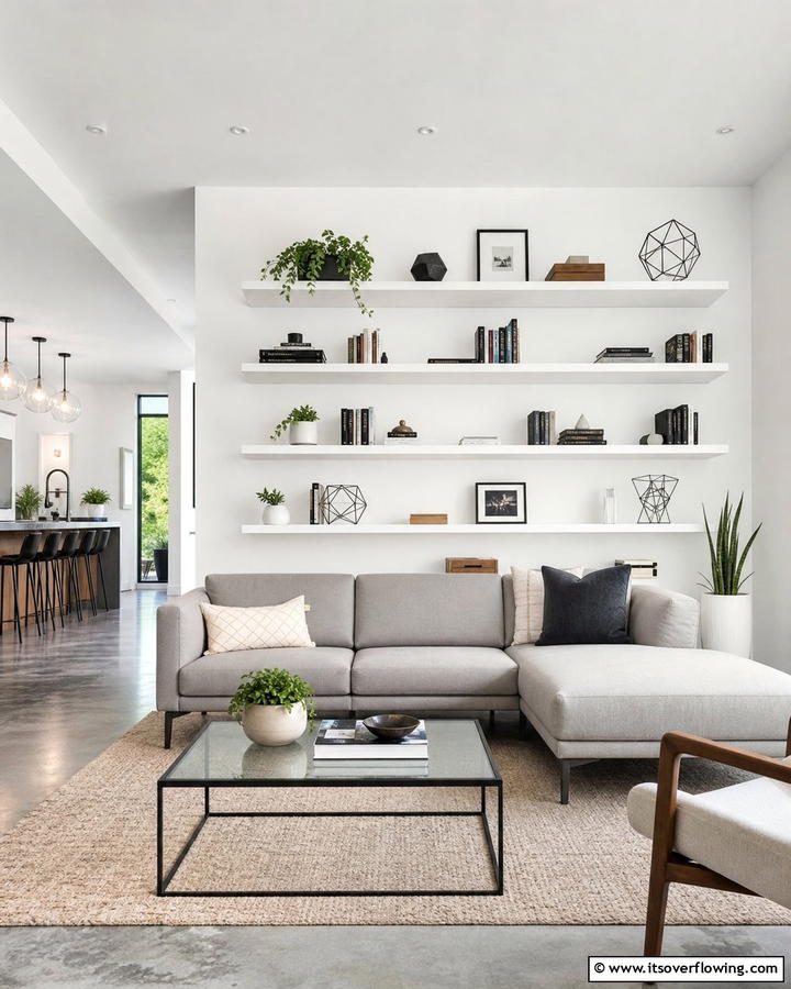 Minimalist Shelving Units - 21 Cozy Living Room Ideas for Warm & Inviting Spaces