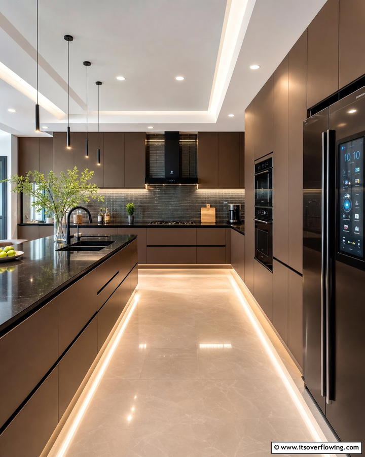 Minimalist Smart Kitchen with Streamlined Design - 20 Kitchen Ideas with Brown Cabinets and Black Countertops