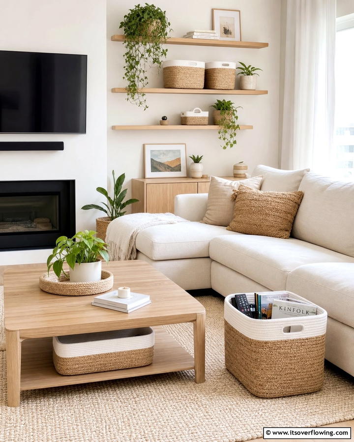 Minimalist Storage Baskets - 30 Living Room Storage Ideas to Declutter Your Space