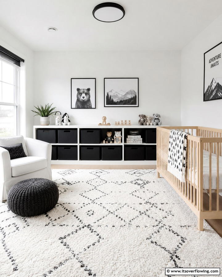 Minimalist Storage Solutions - 30 Chic Black & White Nursery Ideas for Modern Baby Rooms
