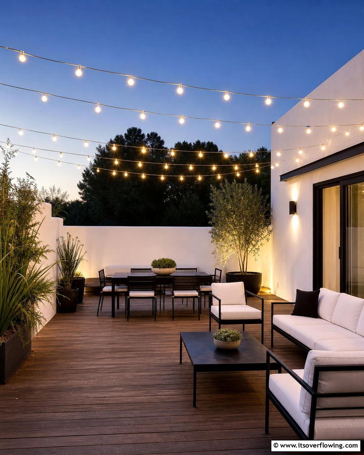 Minimalist String Lights - 25 Black and White Patio Ideas for a Timeless Look