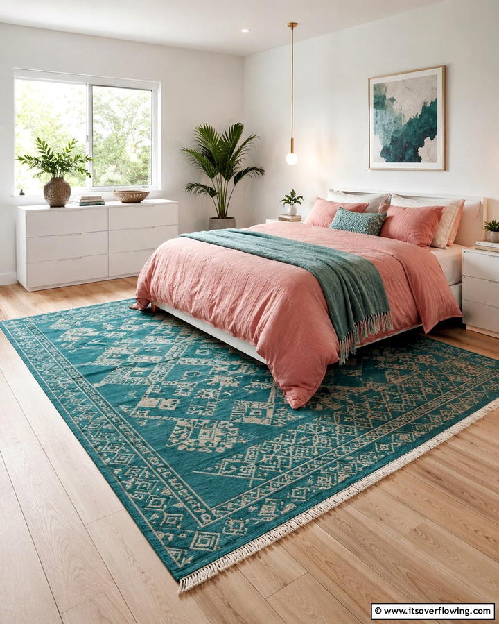 Minimalist Teal Accent Rugs - 30 Teal and Pink Bedroom Ideas for Bold Modern Design