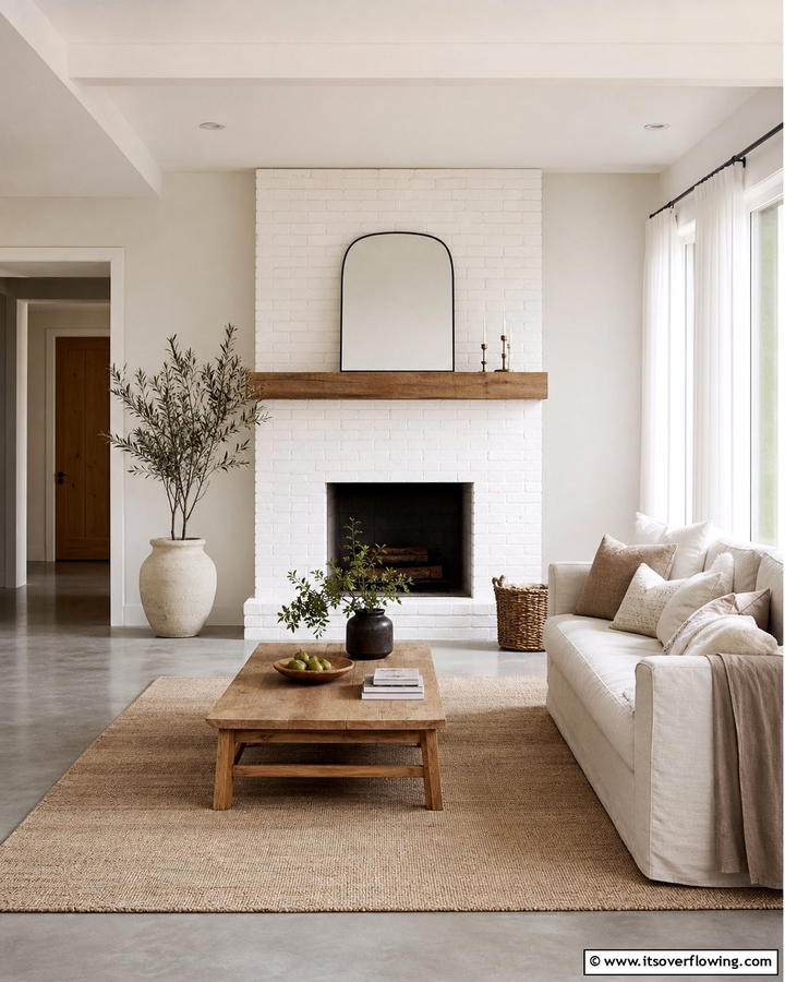 Minimalist White Brick Fireplace Charm - 30 White Brick Fireplace Ideas for Timeless Living Rooms