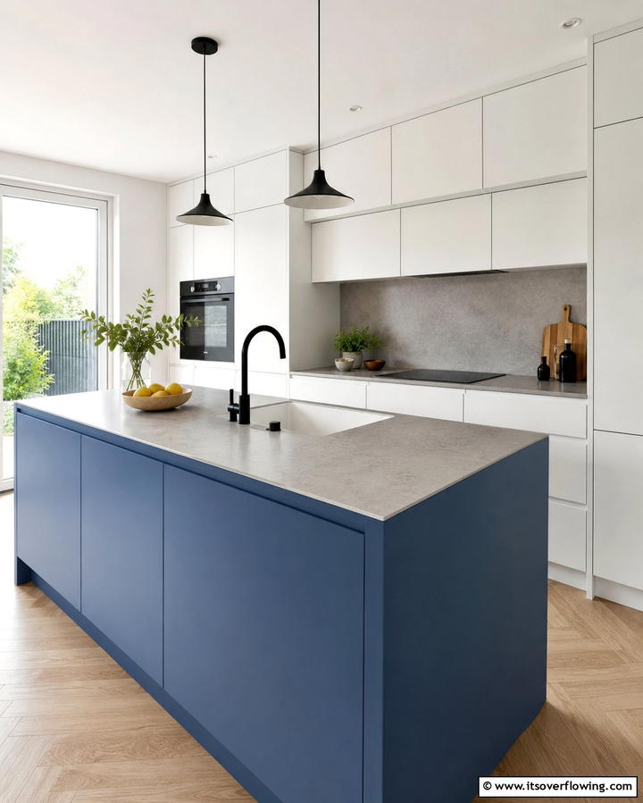 Minimalist White Cabinets and a Matte Blue Island - 25 White Kitchen Cabinets With Blue Island Ideas