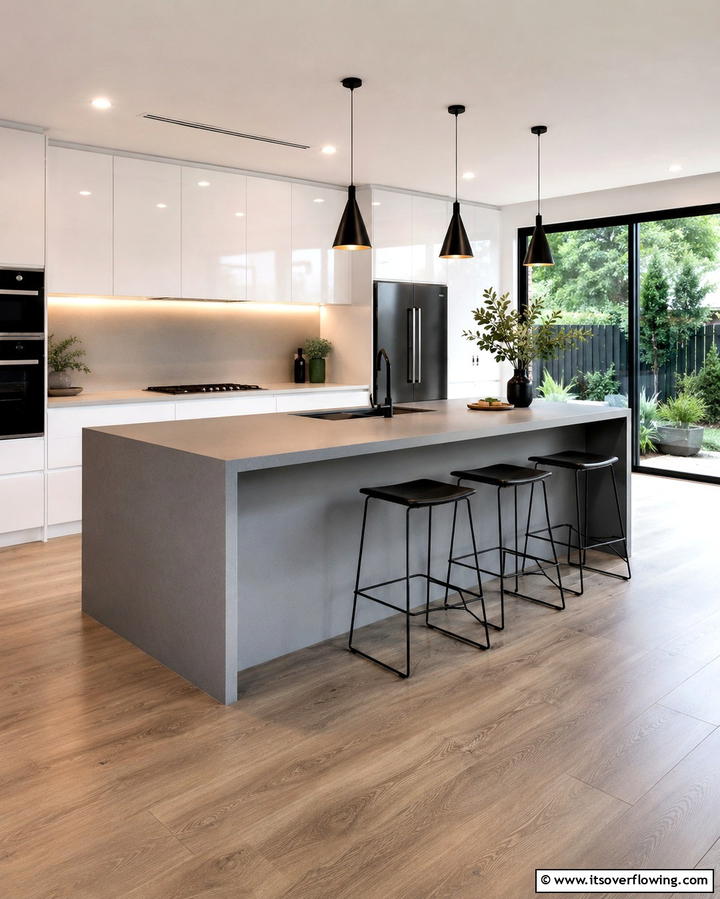 Minimalist White Cabinets with a Sleek Grey Island - 25 White Kitchen Cabinets with Grey Island Ideas