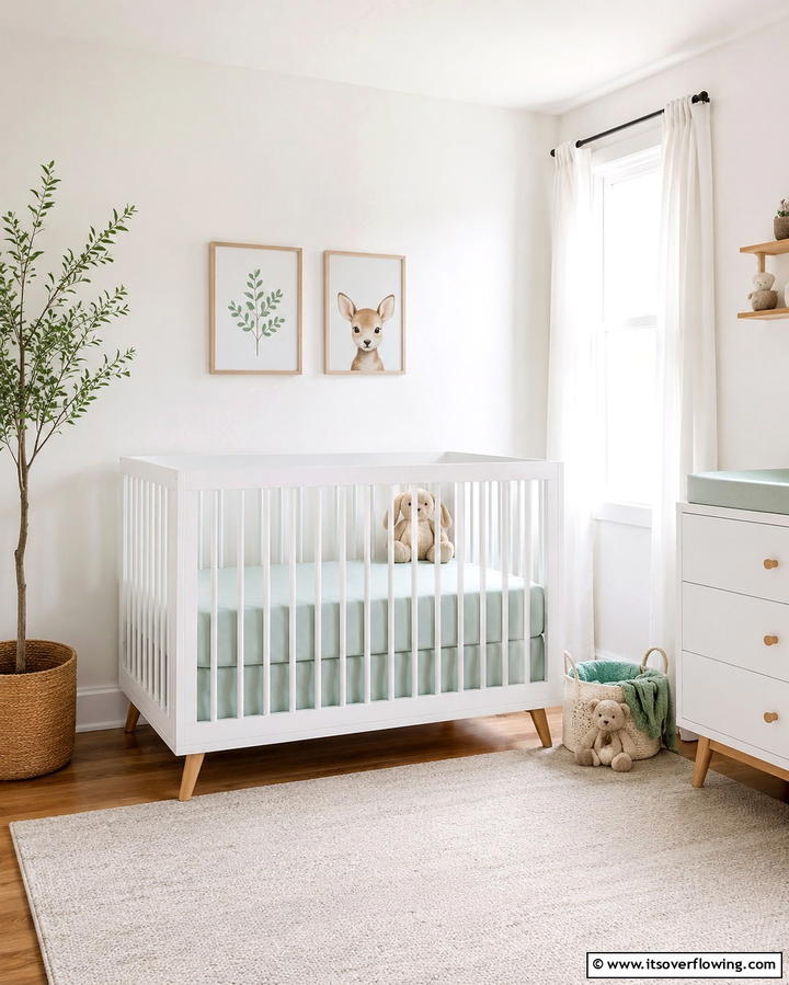 Minimalist White Crib Corner - 25 White Nursery Ideas for a Calming Baby Room