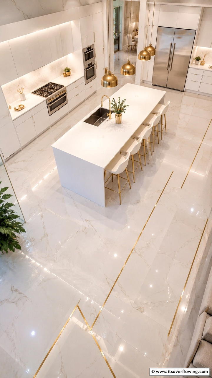 Minimalist White Flooring with Gold Highlights - 21 White and Gold Kitchen Ideas for Timeless Elegance