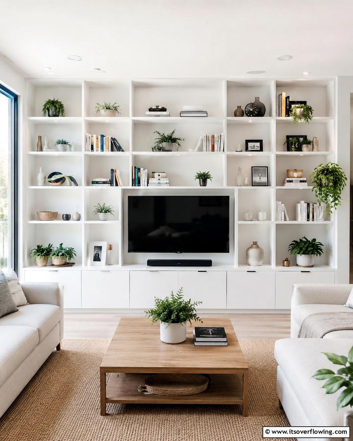 Minimalist White Shelving Units - 25 White Living Room Ideas for a Timeless Look
