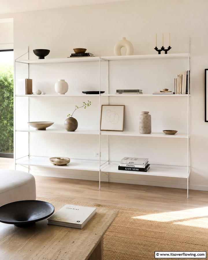 Minimalist White Shelving - 25 White Living Room Ideas for a Timeless Look