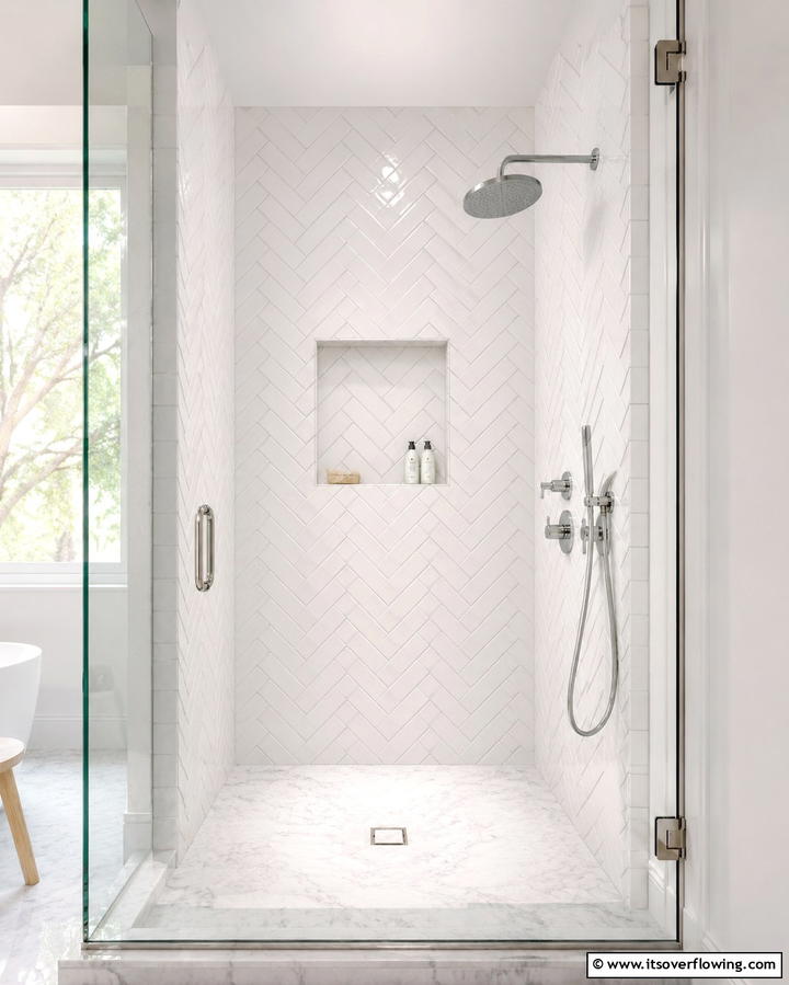 Minimalist White Subway Tiles - 25 Walk-in Shower Tile Ideas for a Luxurious Bathroom