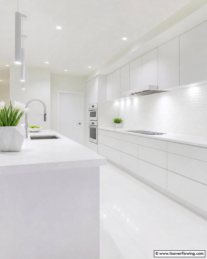 Minimalist White on White - 21 Backsplash Ideas for White Cabinets and Granite Counters