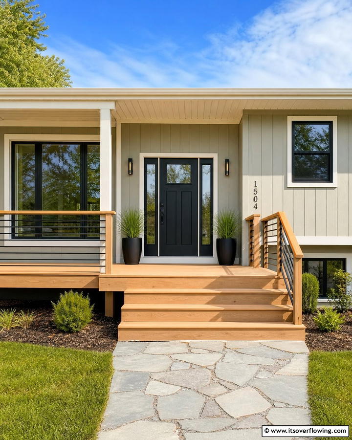 Minimalist Wooden Porch - 20 Raised Ranch Front Porch Ideas for Curb Appeal
