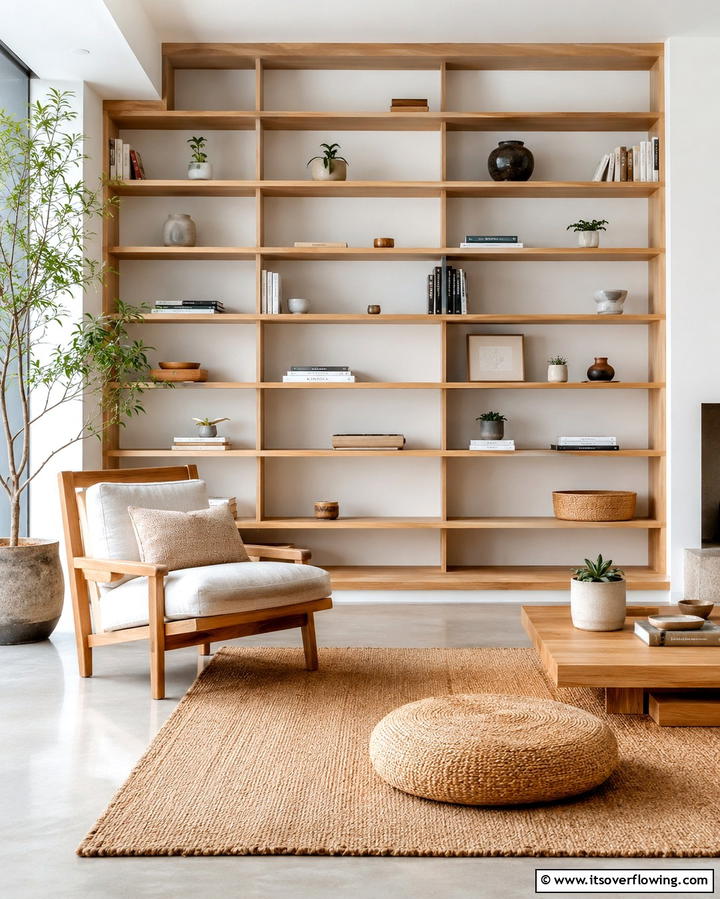 Minimalist Wooden Shelving - 25 Japandi Living Room Ideas for Minimalist Elegance
