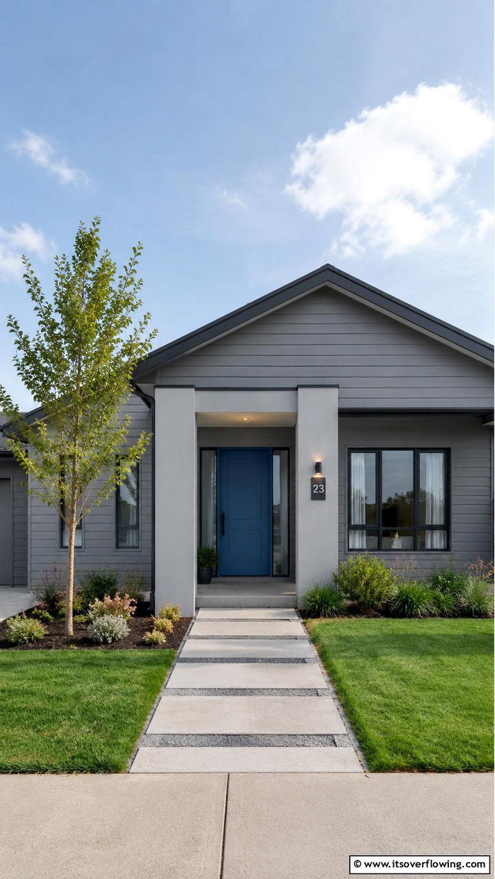 Minimalist Yet Inviting - 30 Grey House With Blue Door Ideas- Charming Curb Appeal