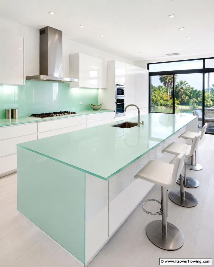 Minimalist Zen with Mint Green Glass - 25 Kitchen With Green Countertops Ideas for Freshness