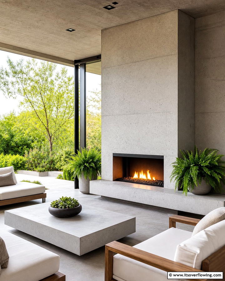 Minimalistic Concrete Fireplaces - 25 Porch Fireplace Ideas for Cozy Outdoor Evenings