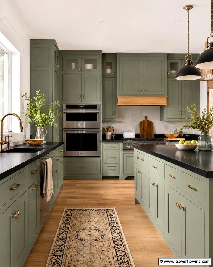Mint Green Cabinets with Black Quartz Countertops - 30 Green Kitchen Cabinets & Black Countertops Pairing Ideas
