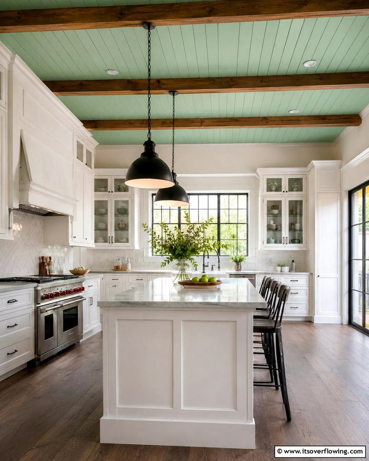 Mint Green Ceiling for an Unexpected Element - 30 Mint Green Kitchen Ideas for a Fresh Culinary Space