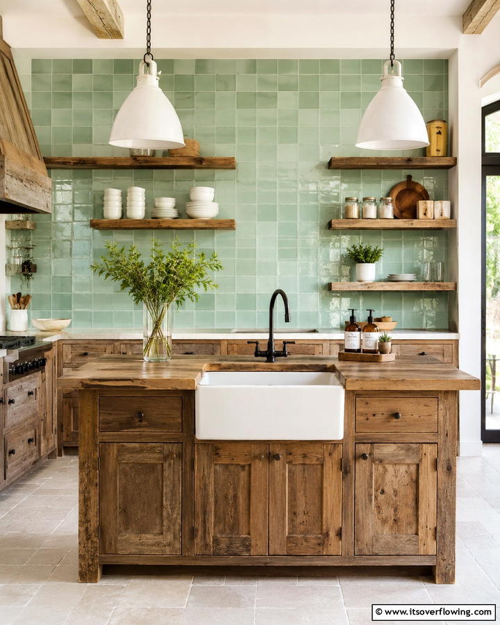 Mint Green Tiles with Reclaimed Wood - 25 Warm Green and Brown Kitchen Design Ideas
