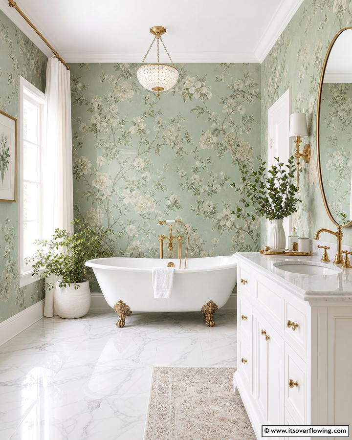 Mint Green Wallpaper for a Patterned Effect - 20 Mint Green Bathroom Ideas for a Fresh Look