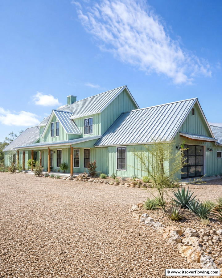 Mint Green with Metal Roof - 25 Farmhouse Green Exterior Home Ideas for a Fresh Look