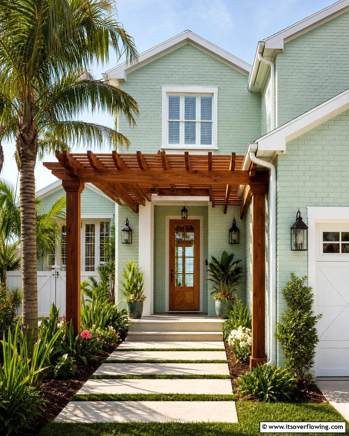 Mint Green with Wooden Features - 30 Green Brick Exterior Home Design Ideas for Modern Houses