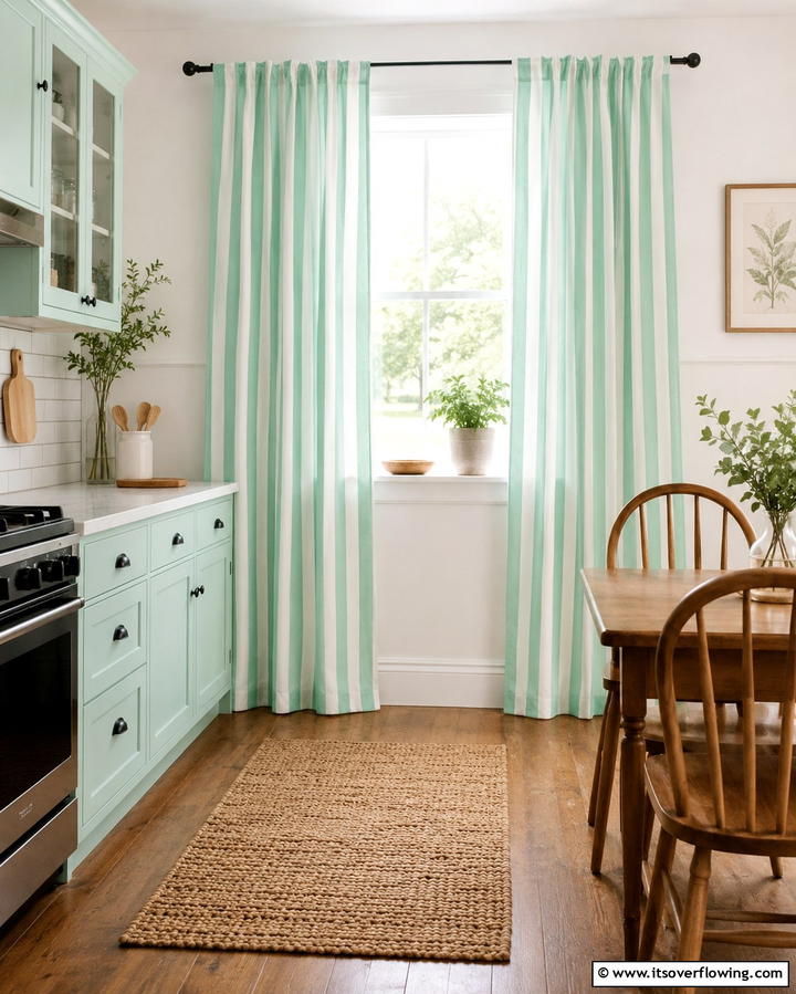 Mint and White Striped Curtains - 25 Mint Kitchen Decor Ideas for a Fresh Look