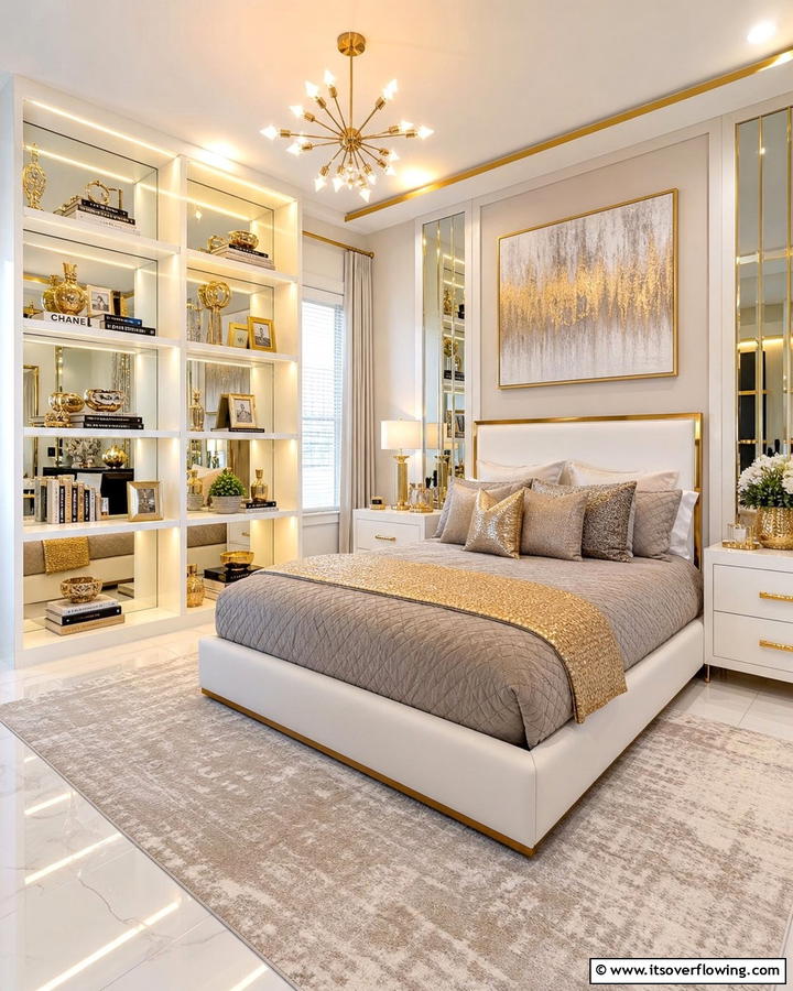 Mirror Backed Shelves with Lighting - 20 Bookshelf Lighting Ideas- Illuminate Your Collection