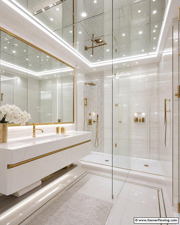 Mirror Ceiling with Integrated Lights - 20 Shower Lighting Ideas for a Bright and Inviting Bathroom