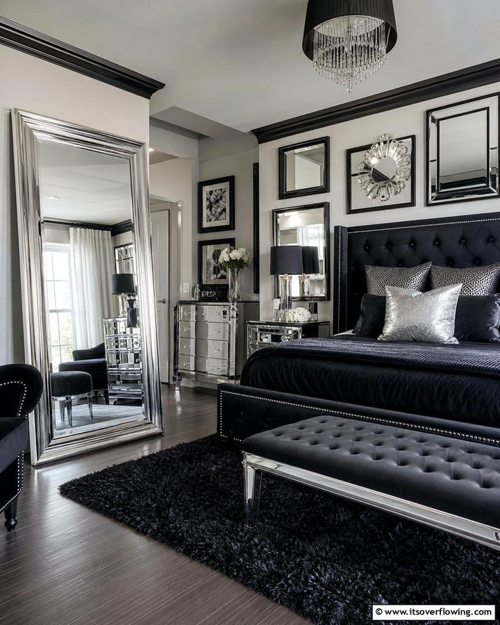 Mirror Elegance - 20 Black and Silver Bedroom Ideas for a Sleek Aesthetic