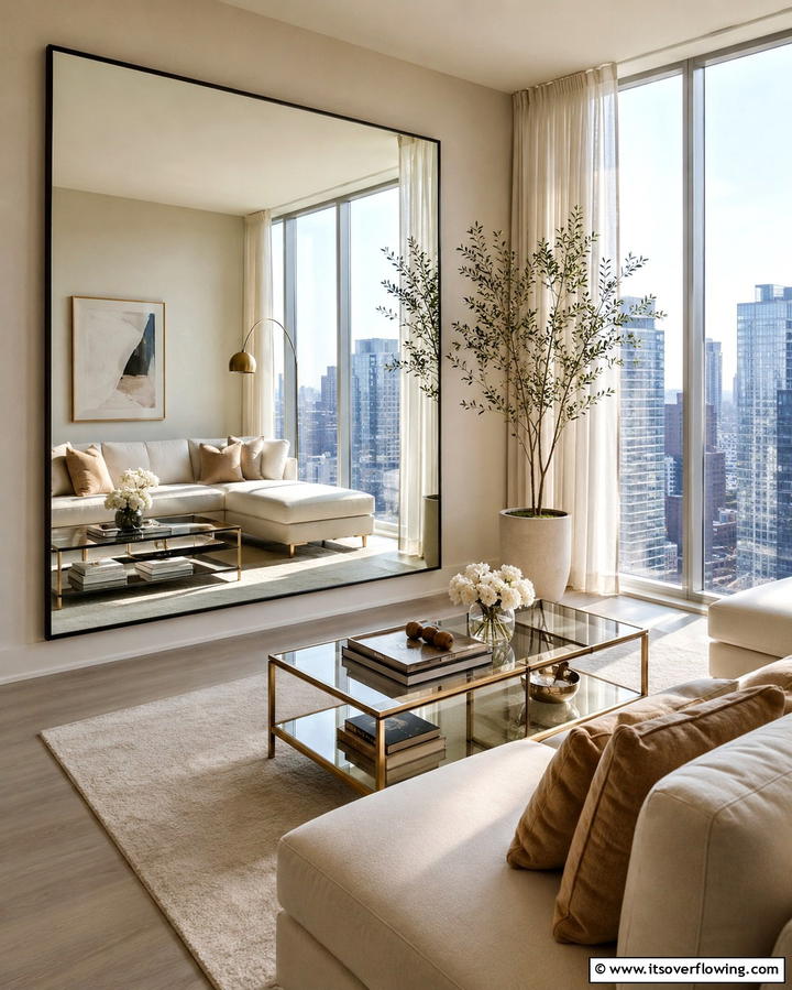Mirror Illusion for Spaciousness - 30 Space-Saving Condo Living Room Ideas for Urban Dwellers